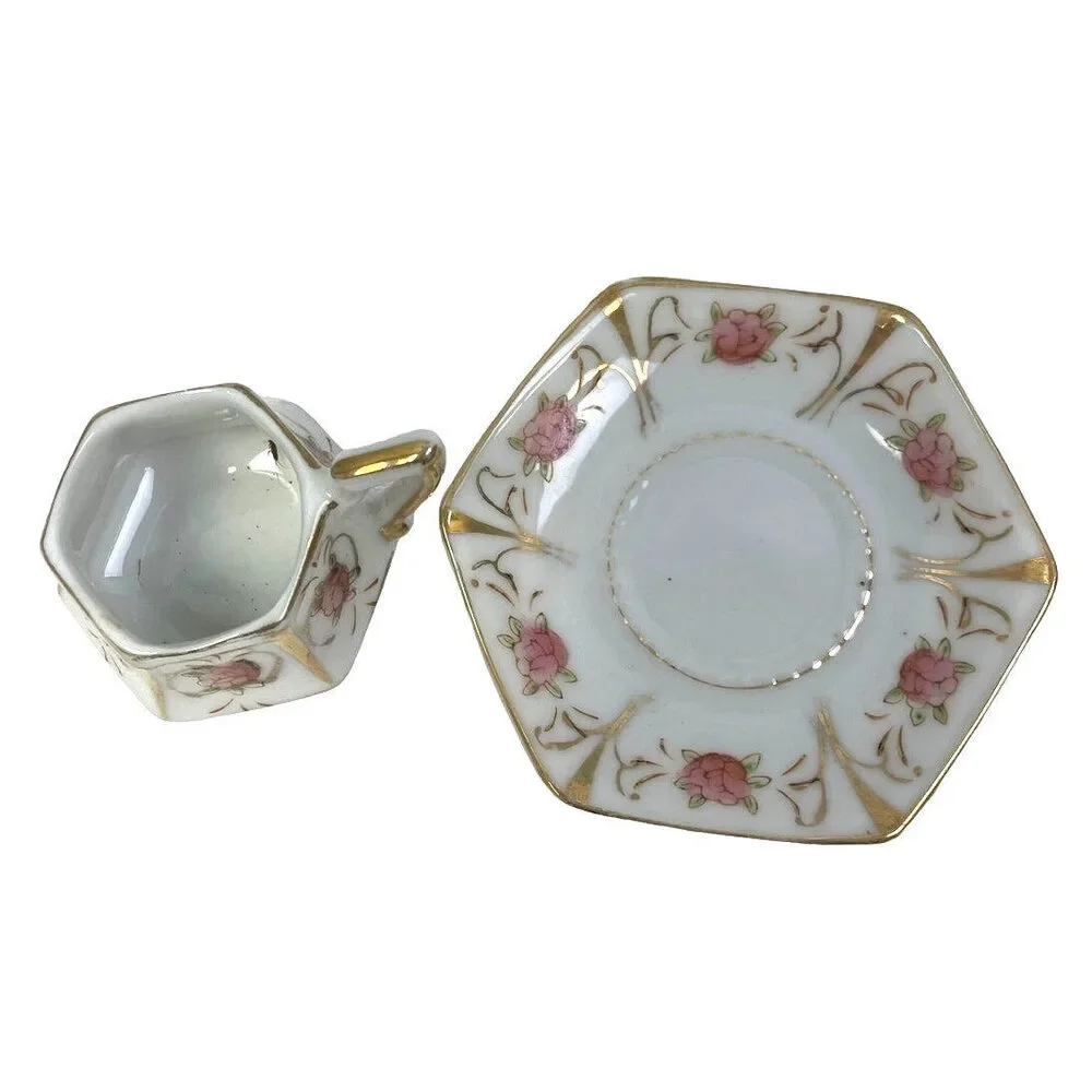Vintage Small Gold Painted Pink Floral Unmarked Ceramic Teacup Saucer Set